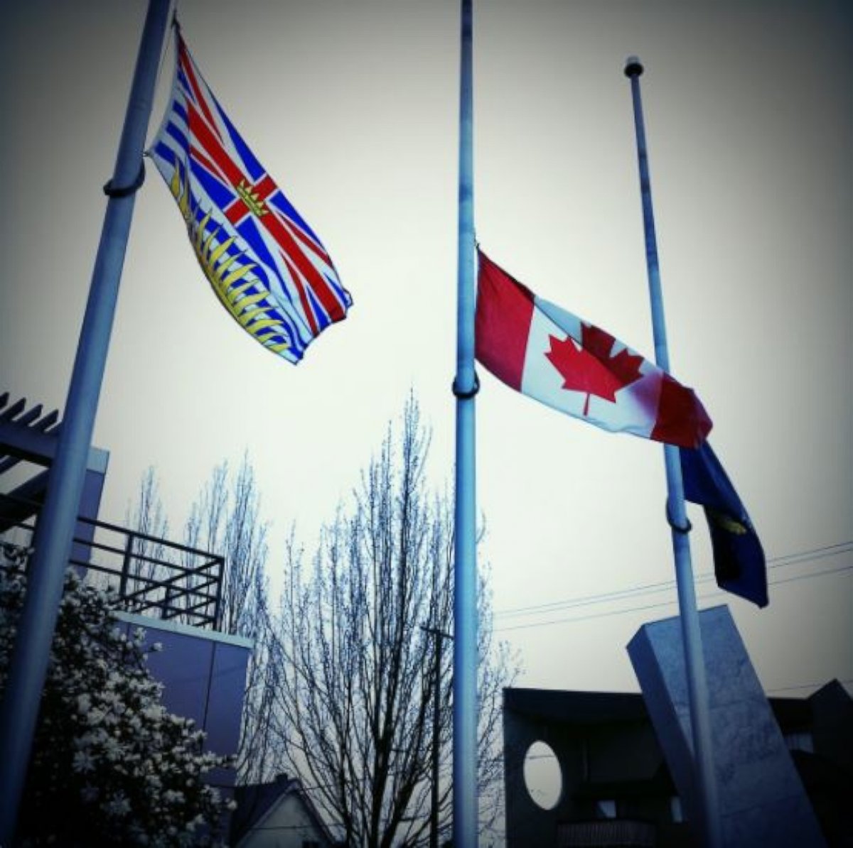 PHOTO: The Victoria Police Department in British Columbia, Canada, flew flags at half-mast on March 22, 2017, to pay tribute to the victims of the London terror attack earlier that day. 
