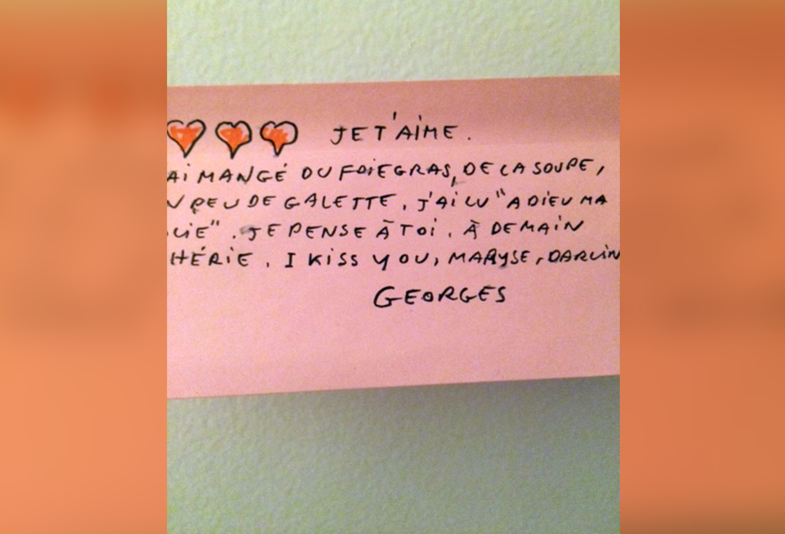 PHOTO: A note written by Georges Wolinski for his wife Maryse reads, "I love you. I have eaten some foie gras, some soup, a bit of galette. I am thinking of you. Until tomorrow my dear. I kiss you Maryse, darling. Georges."