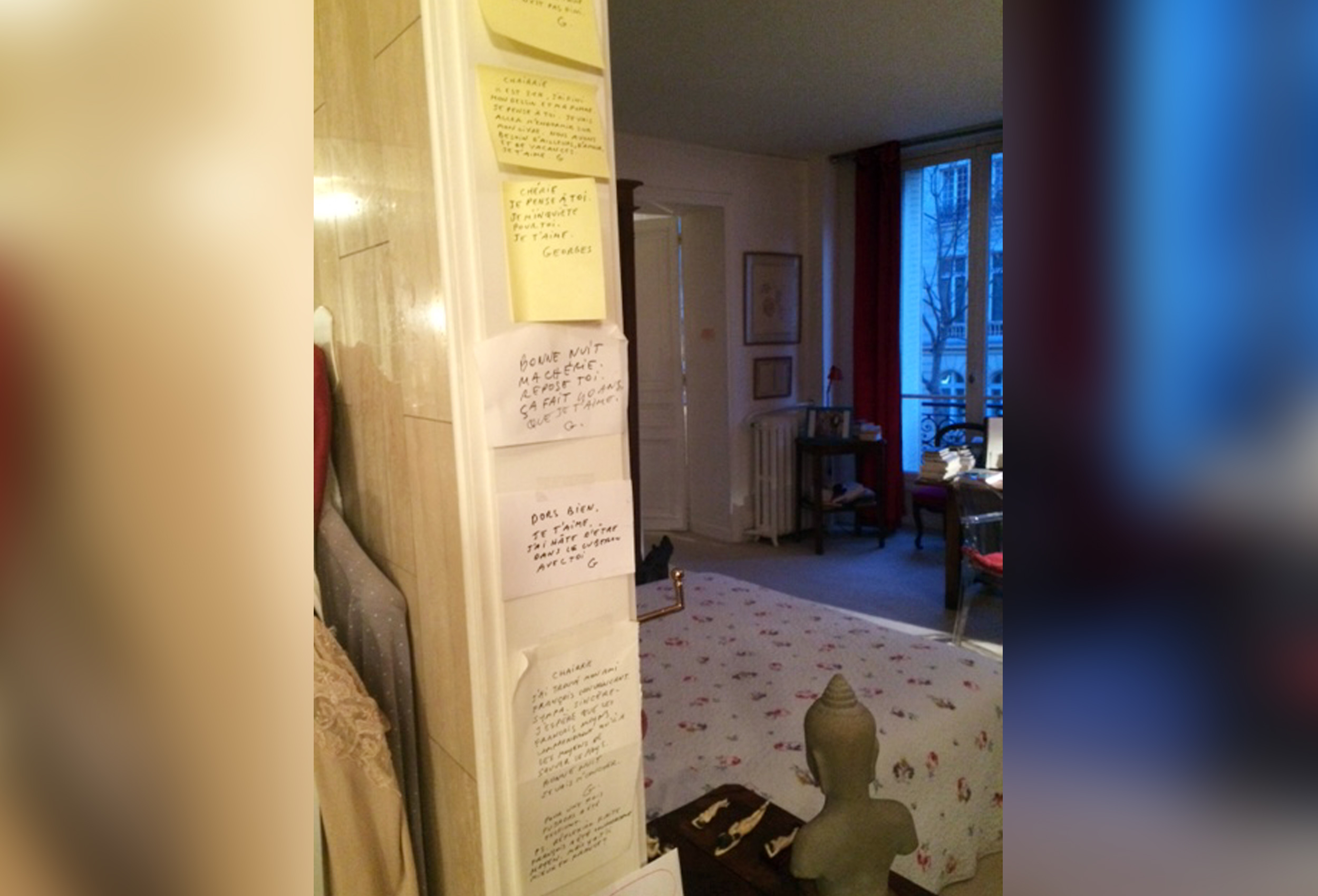 PHOTO: Hundreds of post-it notes written by Georges Wolinski are scattered through the apartment that he shared with his partner of 47 years, Maryse Wolinski, before his death in the Charlie Hebdo massacre on Jan. 7, 2015.