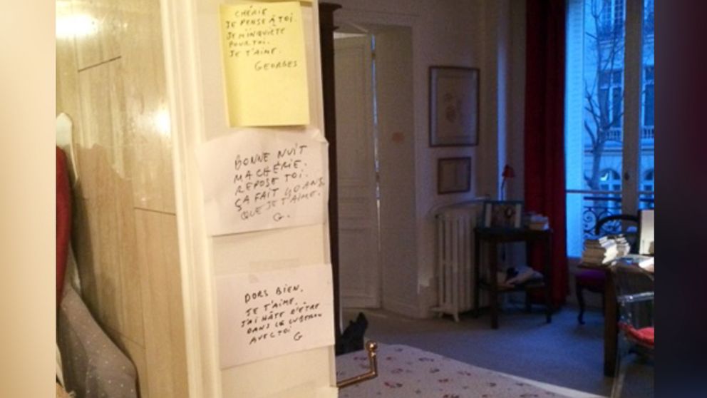 PHOTO: Hundreds of post-it notes written by Georges Wolinski are scattered through the apartment that he shared with his partner of 47 years, Maryse Wolinski, before his death in the Charlie Hebdo massacre on Jan. 7, 2015.