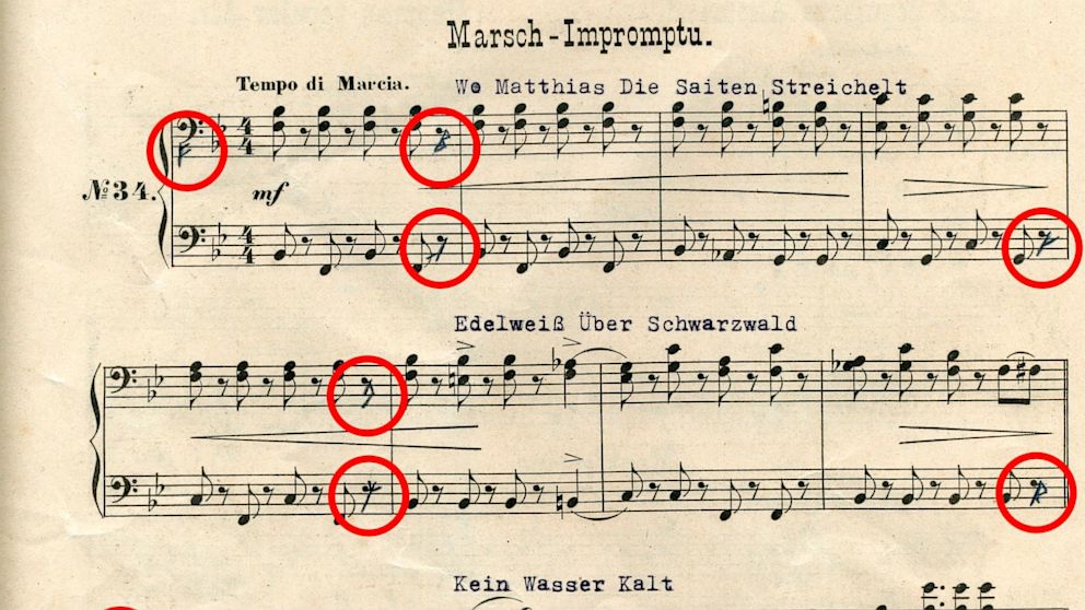 This sheet of music is posted on Dutch journalist Karl Kaatee's website; there are claims that the score contains a code leading to Nazi treasure. 