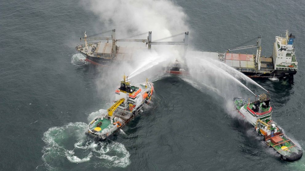 Task Force Rescue Vessels put out the fire on The Purple Beach freighter. 