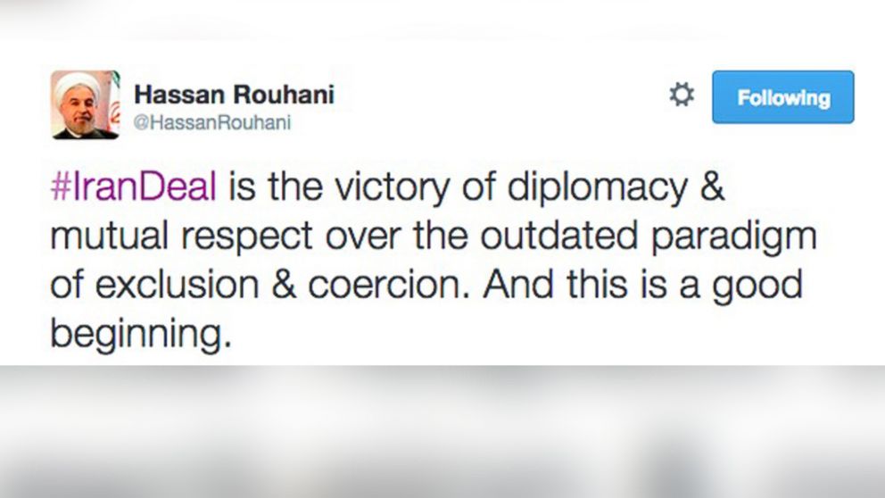 A statement posted to the President of Iran's Twitter account on July 13, 2015 was removed from the site within minutes.