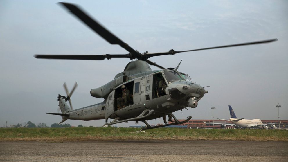 A UH-1Y Huey takes off for a search and rescue mission from the Tribhuvan International Airport in Kathmandu, Nepal, May 13, 2015.