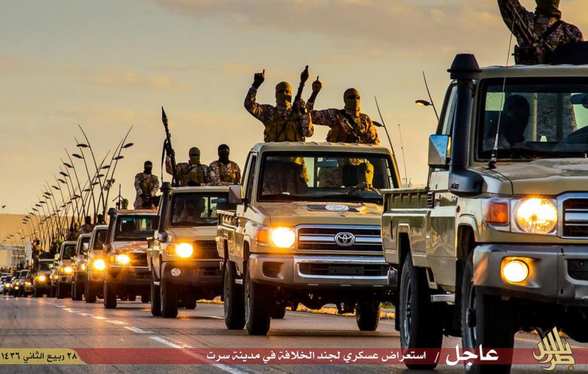 PHOTO: ISIS militants parade through Sirte, Libya in photos released by the Islamic State on Feb. 18, 2015.