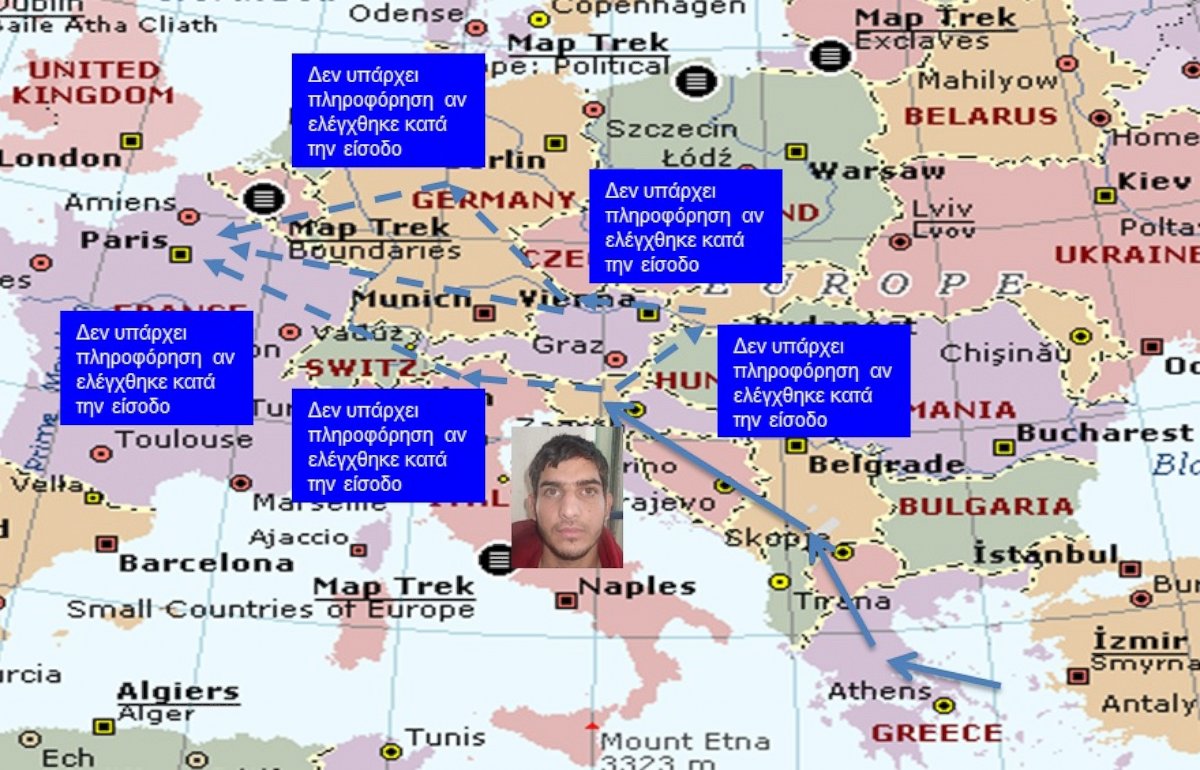 PHOTO: A slide from a Greek government presentation shows a suspected Paris attacker's potential routes through Europe.