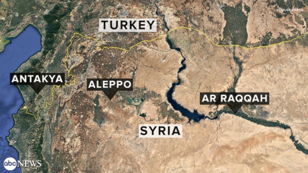 Map showing Antakya, Turkey, and Aleppo and Ar Raqqa, Syria.