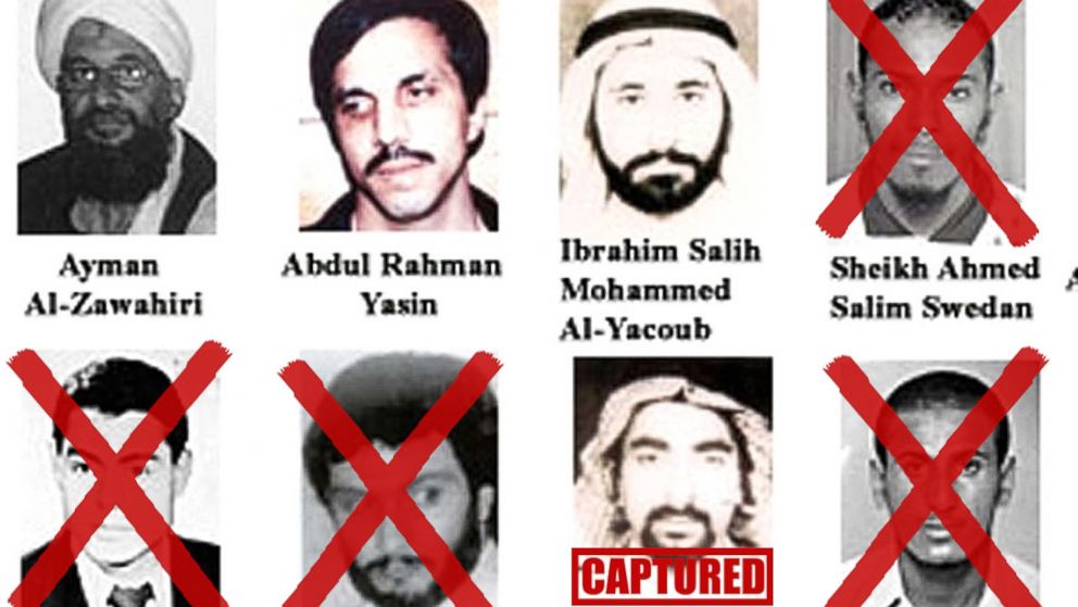 Image showing the "Most Wanted Terrorists" list released October 10, 2001 by President George W. Bush, at FBI headquarters in Washington. Graphics added by ABC News.
