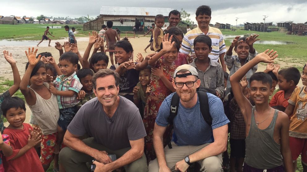 PHOTO:  ABC News' Bob Woodruff and Fortify Rights' Matthew Smith are pictured together with Rohingya children inside the refugee camps.