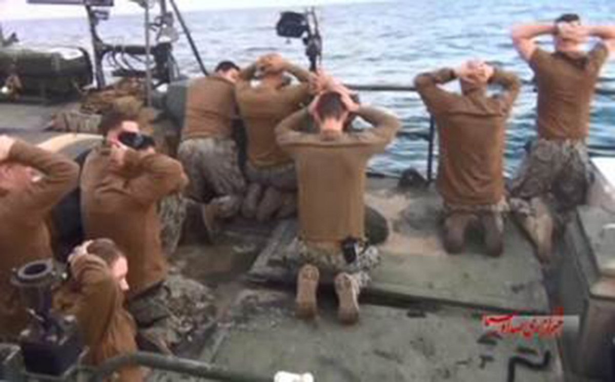 PHOTO: Screen grabs from video broadcast by Iran's state broadcaster purport to show 10 American sailors being detained by Iranian authorities in the Persian Gulf, Jan. 12, 2016.