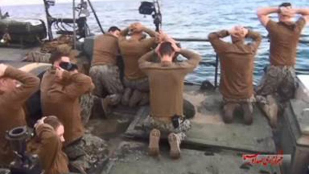 PHOTO: Screen grabs from video broadcast by Iran's state broadcaster purport to show 10 American sailors being detained by Iranian authorities in the Persian Gulf, Jan. 12, 2016.