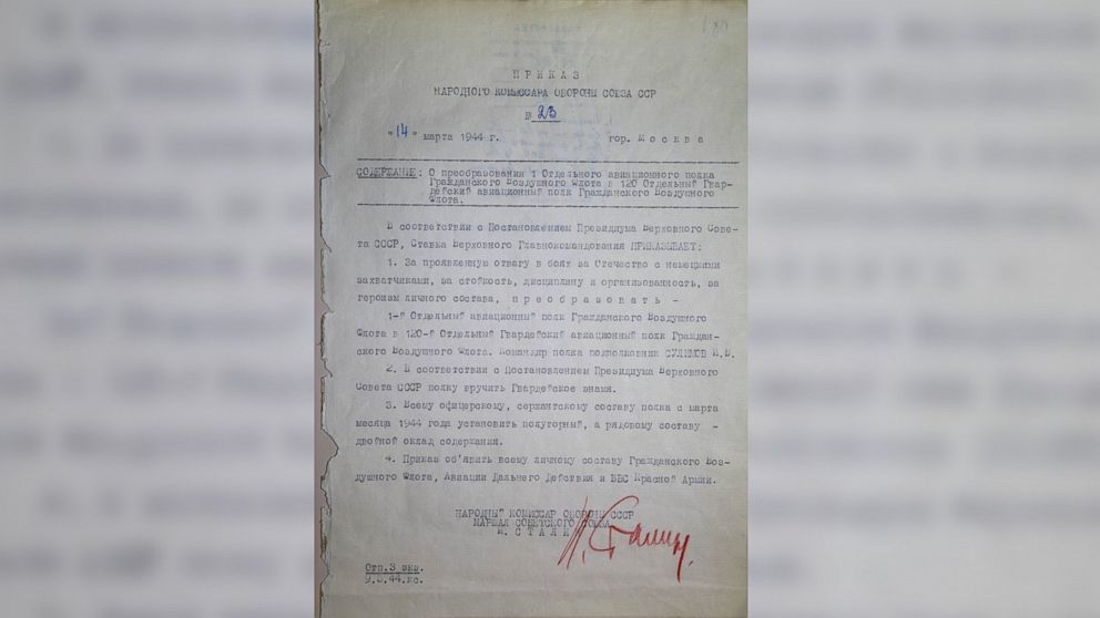 PHOTO: A military order signed by Joseph Stalin in 1944 and stolen from Russia’s State Military Archives, now recovered by U.S. law enforcement agents. 