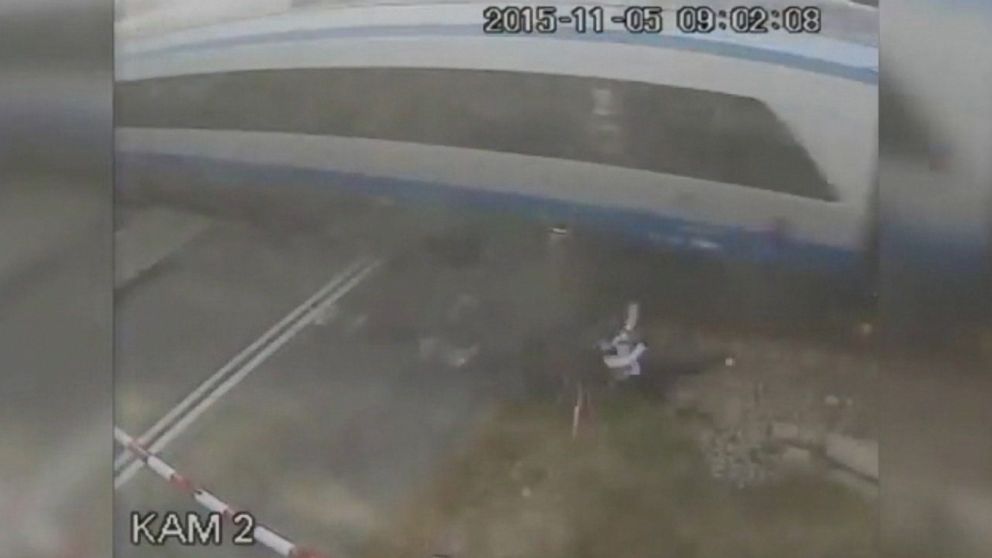 PHOTO: CCTV footage published on Dec. 9, 2015  shows a cyclist crashing into a high-speed train in Poland. 