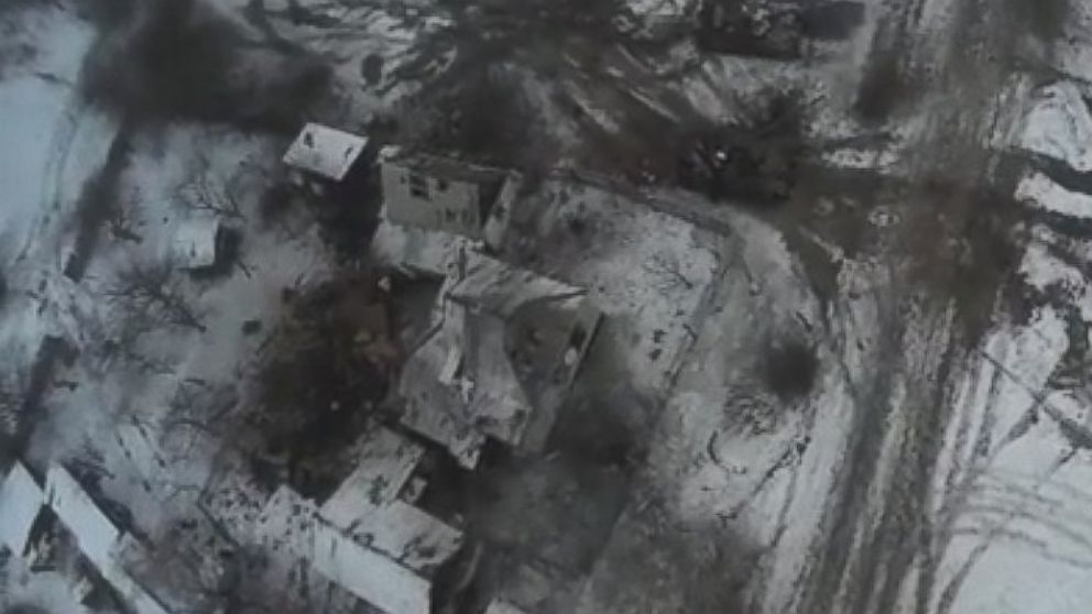 PHOTO: A drone video posted to YouTube Feb. 18, 2015, shows the aftermath of shelling in Debaltseve, Ukraine, Feb. 18, 2015. 