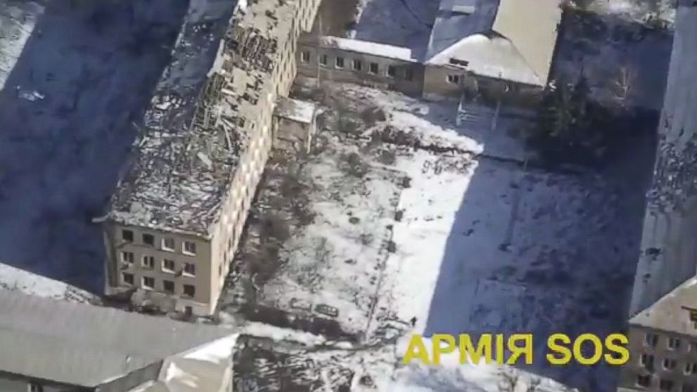 PHOTO: A drone video posted to YouTube on Feb. 18, 2015 shows the aftermath of shelling in Debaltseve, Ukraine, Feb. 18, 2015. 