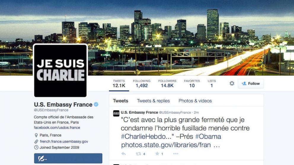 PHOTO: The US Embassy in France posted a "Je Suis Charlie" image on their Twitter page, Jan. 7, 2015.