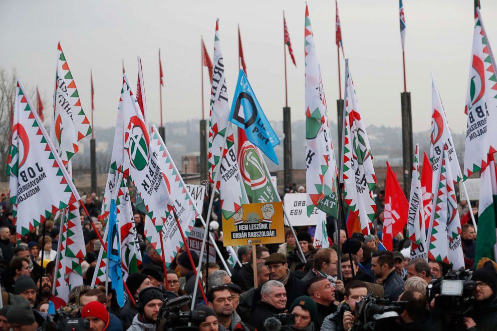 PHOTO: Demonstrators protest against recent legislative measures introduced by Hungarian Prime Minister, Viktor Orban on Feb. 10, 2019 in Budapest, Hungary.