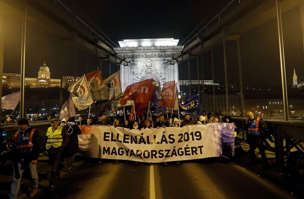 PHOTO: People protest after Hungarian Prime Minister Viktor Orban delivered his annual state of nation address on Feb. 10, 2019 in Budapest, Hungary.