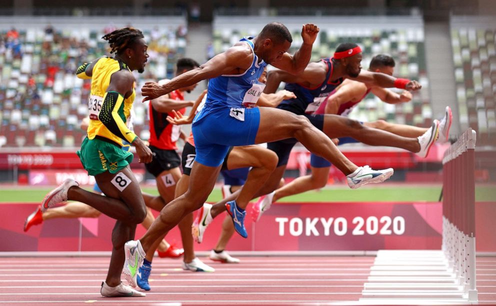 PHOTO: Athletes compete in hurdles on Aug. 4, 2021, in Tokyo, Japan.