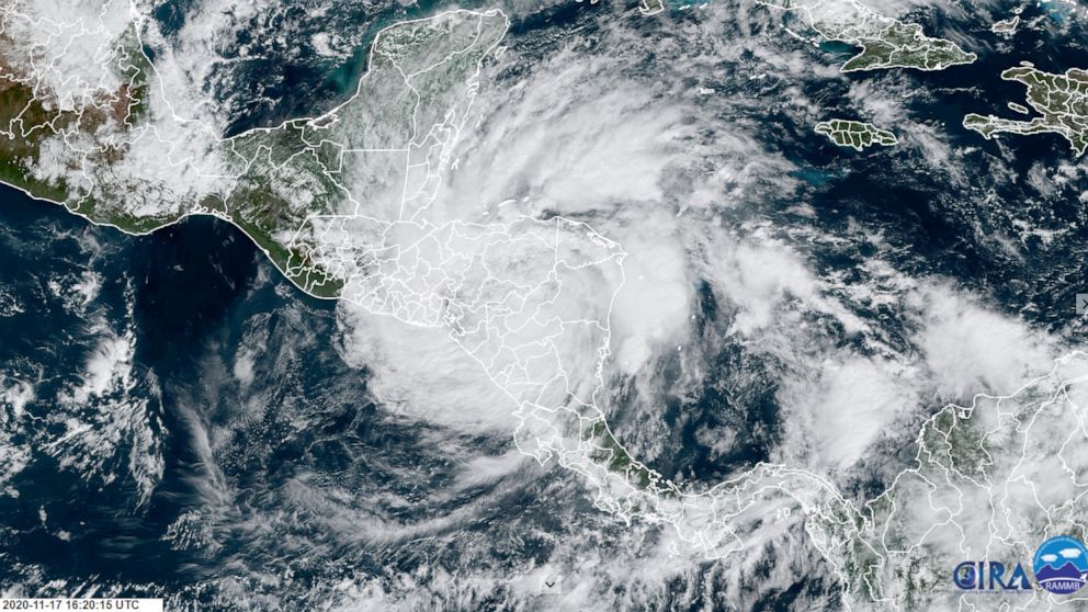PHOTO: Hurricane Iota blows over Central America in a satellite image collected by NOAA on the morning of Nov. 17, 2020.