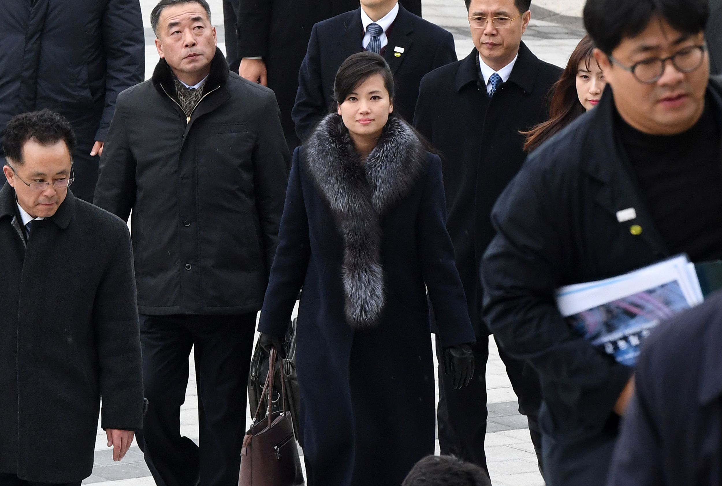 PHOTO: Hyon Song-Wol, center, leader of North Korea's popular Moranbong band, arrives at the Korea National Theater to inspect venues for planned musical concerts during the Winter Olympics in Seoul, Jan. 22, 2018.