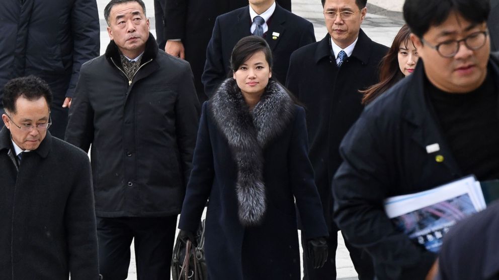 PHOTO: Hyon Song-Wol, center, leader of North Korea's popular Moranbong band, arrives at the Korea National Theater to inspect venues for planned musical concerts during the Winter Olympics in Seoul, Jan. 22, 2018.
