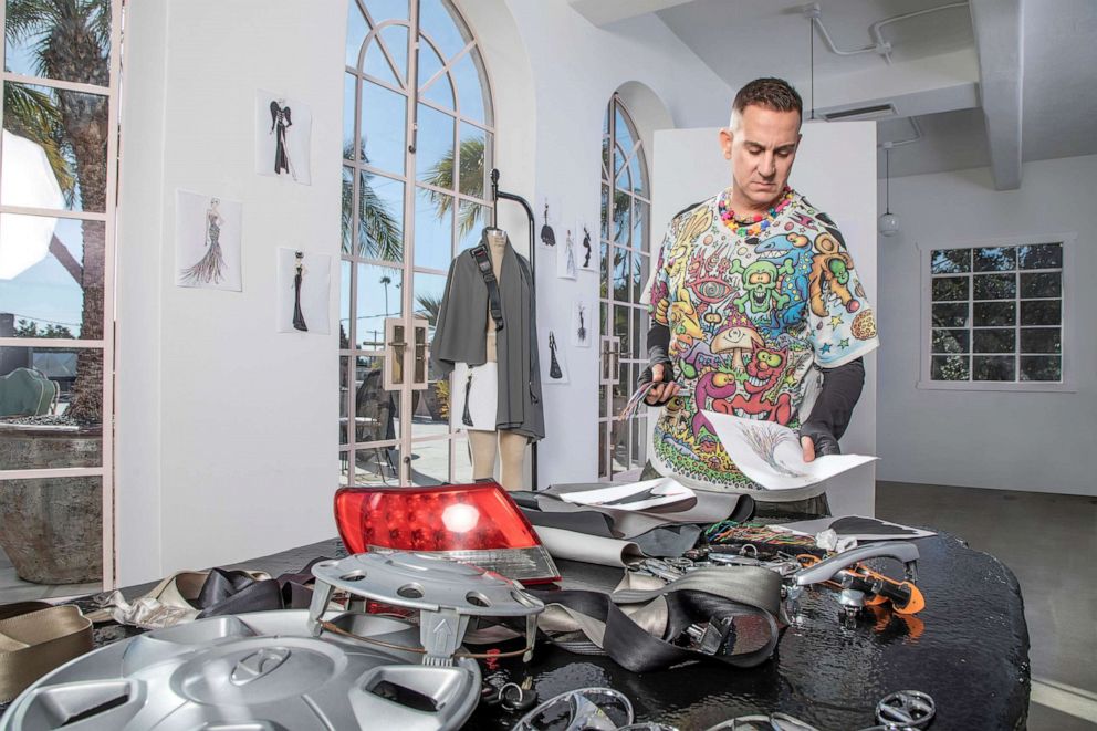 PHOTO: Fashion designer Jeremy Scott designed 10 dresses with discarded car parts from Hyundai's automobile.