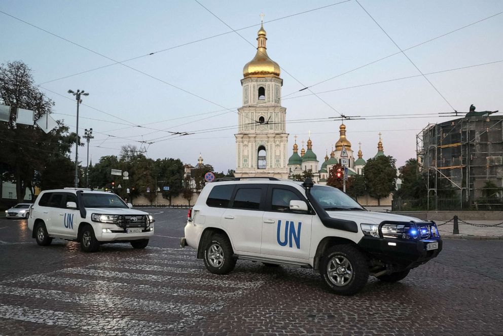 PHOTO: UN vehicles with members of International Atomic Energy Agency (IAEA) mission depart for the Zaporizhzhia nuclear power plant from central Kyiv, Ukraine, Aug. 31, 2022.