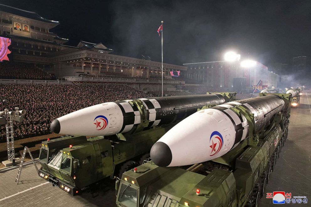 PHOTO: This photo provided by the North Korean government, shows what it says are intercontinental ballistic missiles during a military parade in Pyongyang, North Korea Wednesday, Feb. 8, 2023.