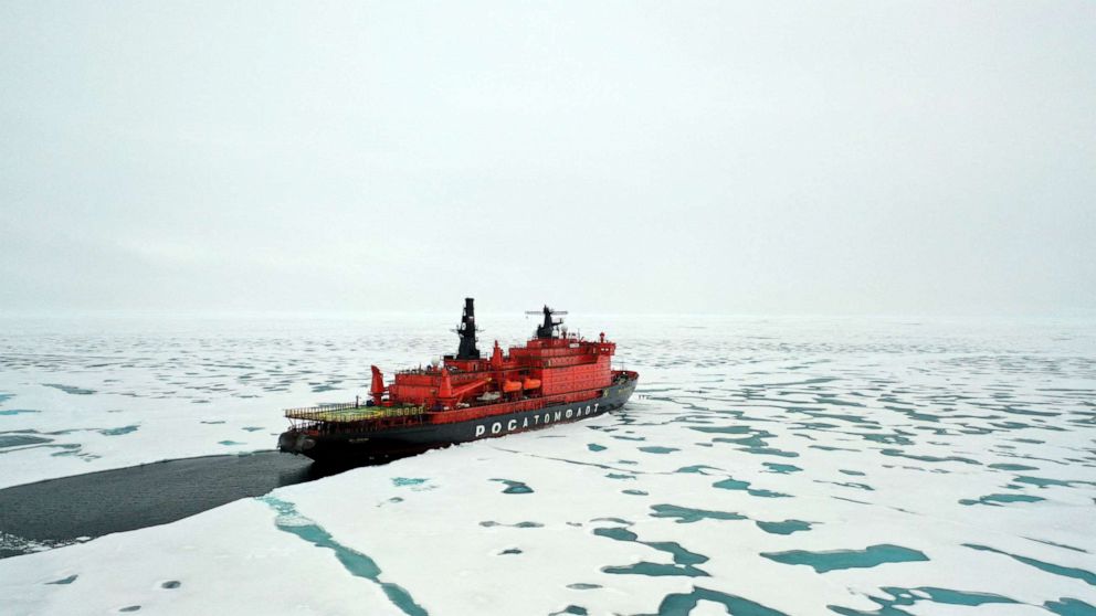 PHOTO: The Russian "50 Years of Victory" nuclear-powered icebreaker is seen at the North Pole on Aug. 18, 2021.