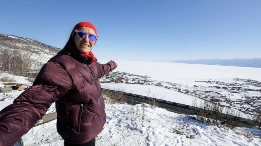 Alicja Barahona smiles for the camera as she prepares to run the Baikal Ice Marathon in Siberia.