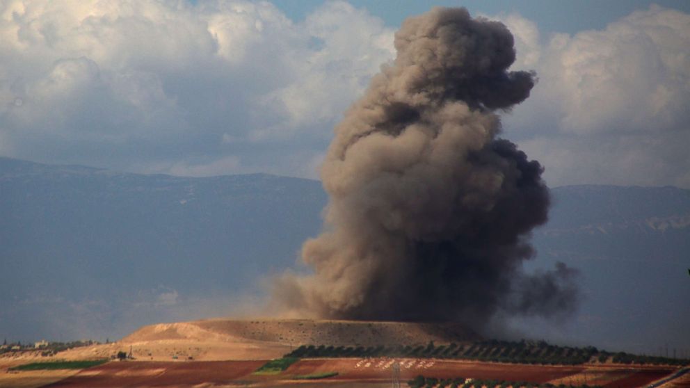 Smoke rises near the Syrian village of Kafr Ain in the southern countryside of Idlib province after an airstrike, Sept. 7, 2018.