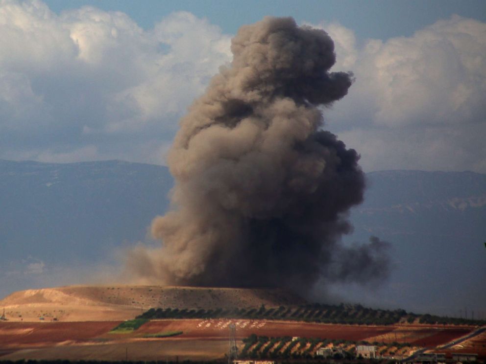 PHOTO: Smoke rises near the Syrian village of Kafr Ain in the southern countryside of Idlib province after an airstrike, Sept. 7, 2018.