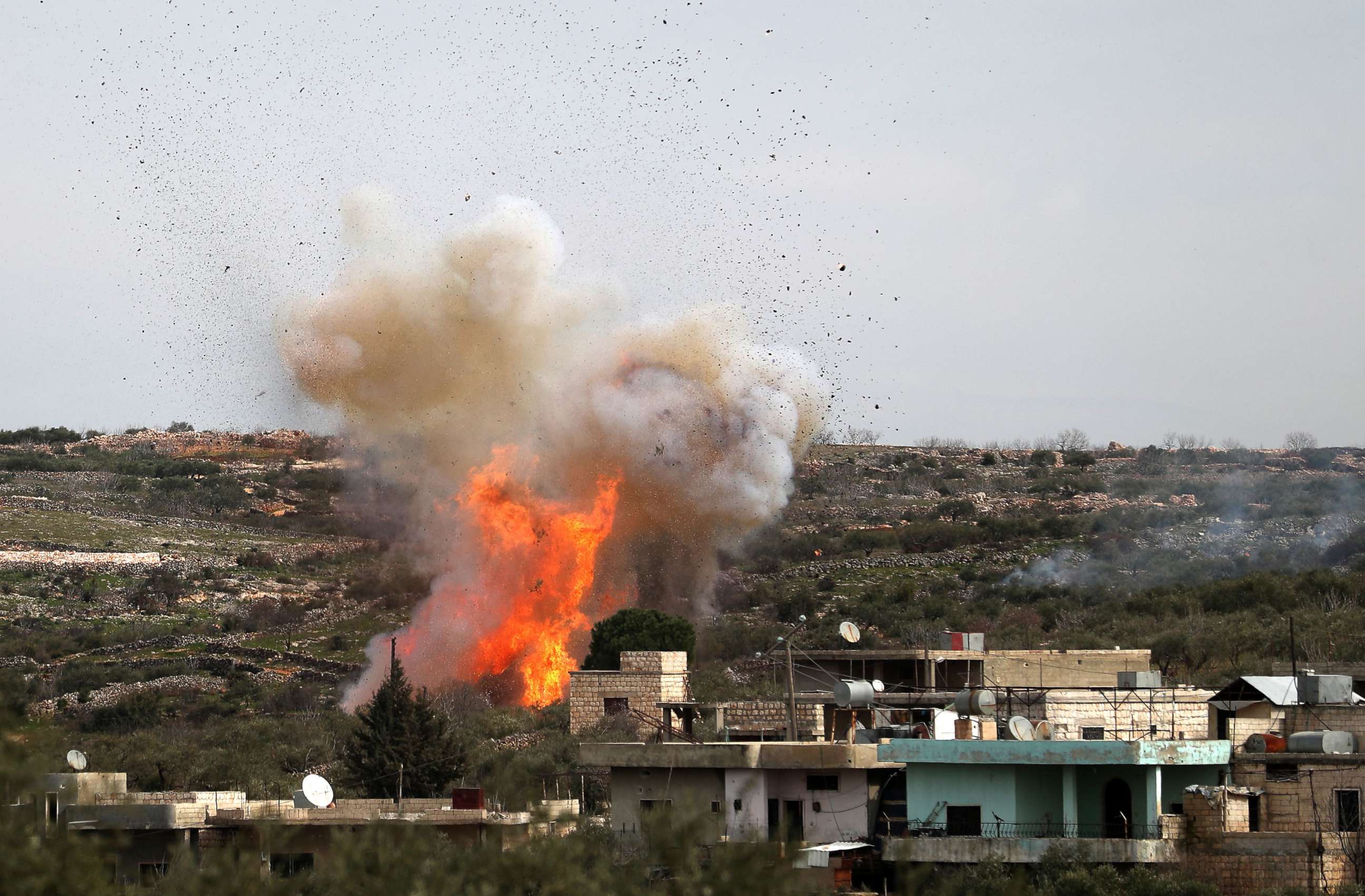 PHOTO: An explosion following Russian air strikes on the village of al-Bara, Syria, March 5, 2020.