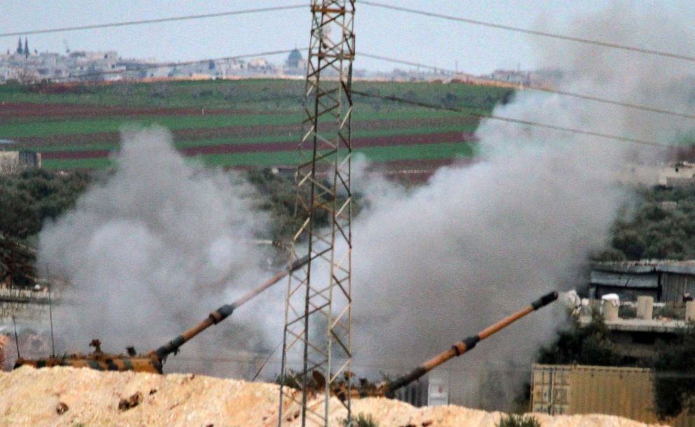 PHOTO: Turkish 155mm self-propelled artillery guns positioned east of the rebel-held city of Binnish, fire toward Syrian regime-controlled positions near Saraqib, Idlib, Syria, March 5, 2020.