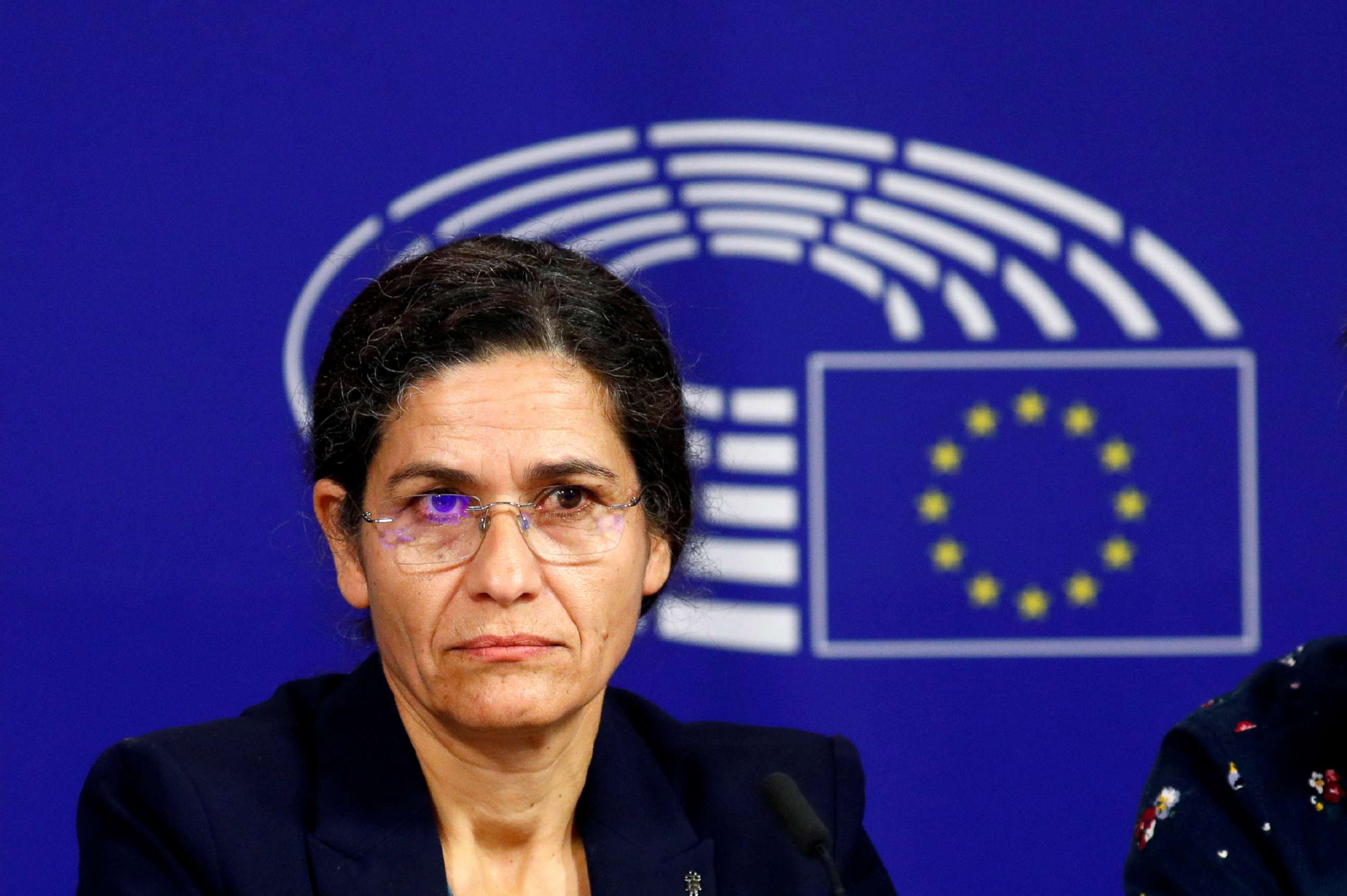 PHOTO: Ilham Ahmed, co-chair of the Syrian Democratic Council (SDC), addresses a news conference at the European Parliament in Brussels, Oct. 10, 2019. 