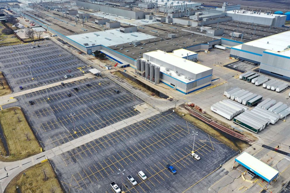 PHOTO: The employee parking lots are nearly empty at the Fiat Chrysler Automobiles (FCA) Belvidere Assembly Plant, March 24, 2020 in Belvidere, Illinois.
