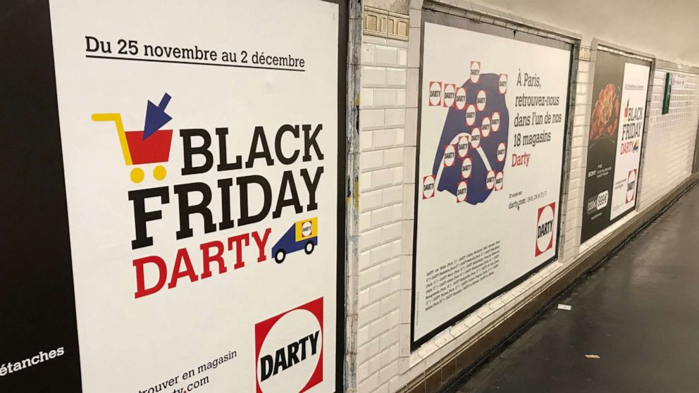 PHOTO: A Black Friday advertisement can be seen in the Paris subway system on November 27, 2019.