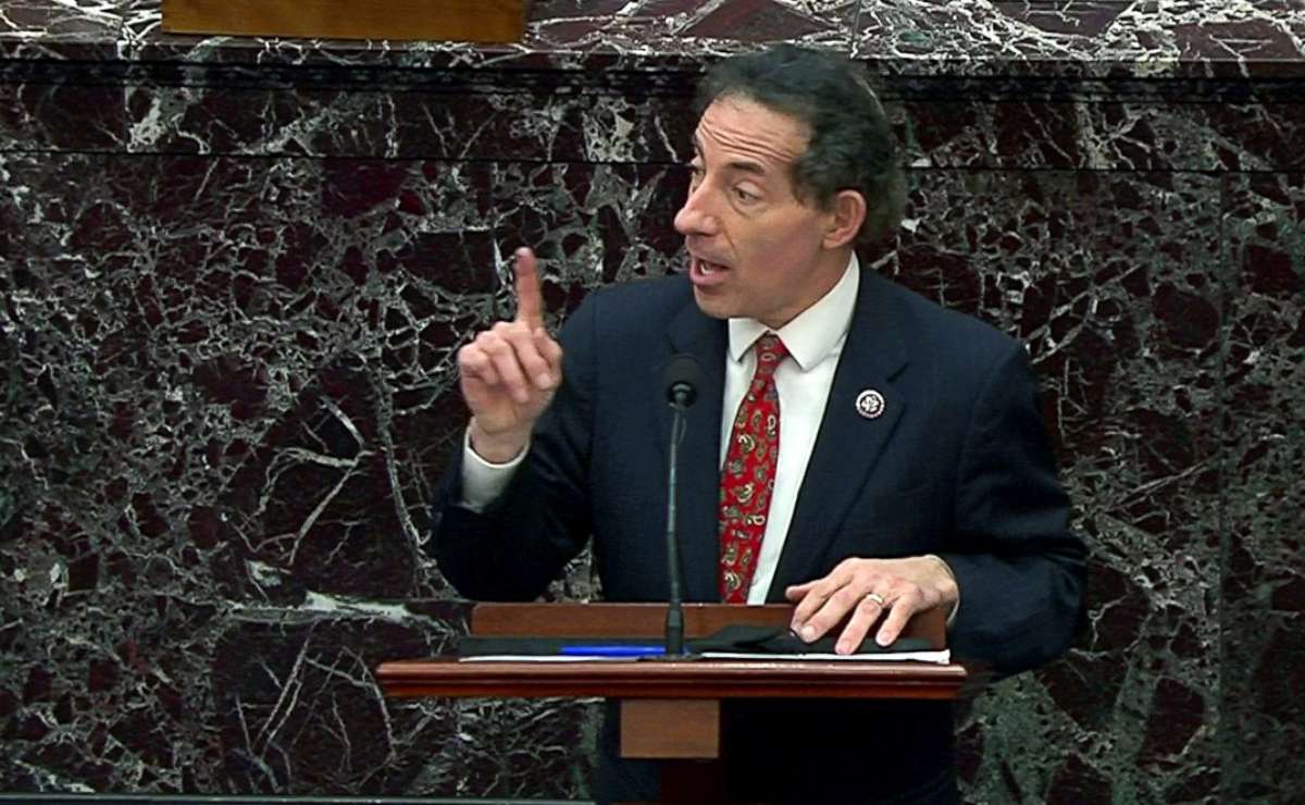 PHOTO: House lead impeachment manager Rep. Jamie Raskin answers a question submitted by senators to the impeachment managers during the fourth day of the impeachment trial of the former President Donald Trump on Capitol Hill, Feb. 12, 2021. 