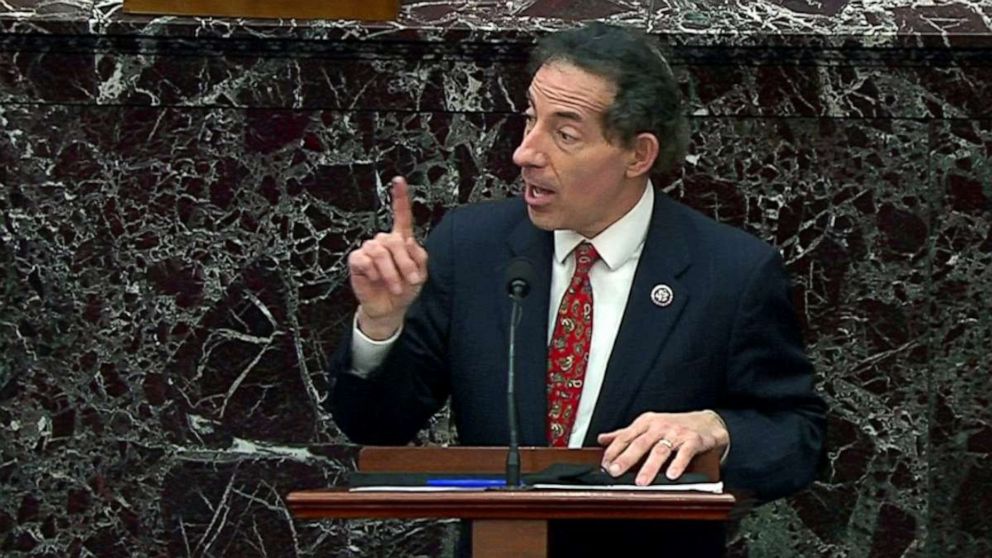 PHOTO: House lead impeachment manager Rep. Jamie Raskin answers a question submitted by senators to the impeachment managers during the fourth day of the impeachment trial of the former President Donald Trump on Capitol Hill, Feb. 12, 2021. 