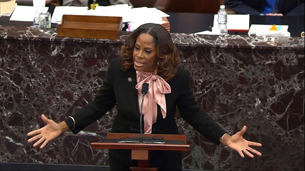 PHOTO: In this image from video, House impeachment manager Del. Stacey Plaskett answers a question from Sen. Jacky Rosen, D-Nev., during the second impeachment trial of former President Donald Trump in the Senate at the Capitol, Feb. 12, 2021. 