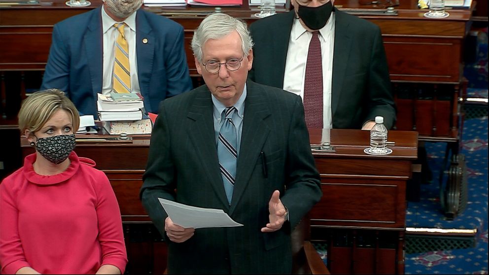 PHOTO: In this image from video, Senate Minority Leader Mitch McConnell, speaks before the Senate voted to award the Congressional Gold Medal to Capitol Police offer Eugene Goodman for his actions during the Jan. 6 riot at the Capitol, Feb. 12, 2021.