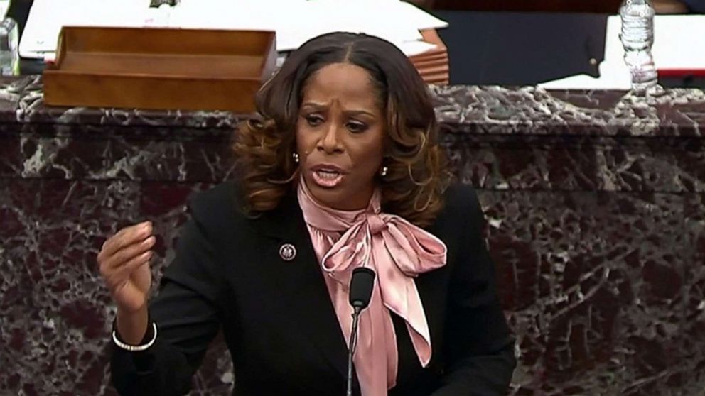 PHOTO: House impeachment manager and Delegate from the Virgin Islands Stacey Plaskett answers a question submitted by Senators to the impeachment managers during the fourth day of the impeachment trial on Capitol Hill, Feb. 12, 2021. 