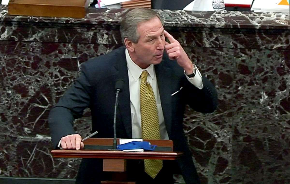 PHOTO: Michael van der Veen, attorney for former President Donald Trump, answers a question submitted by a Senator during the fourth day of the impeachment trial of the former president on the Capitol, Feb. 12, 2021.