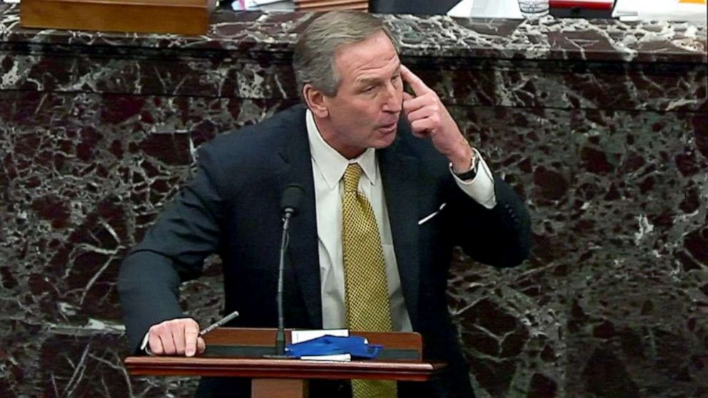 PHOTO: Michael van der Veen, attorney for former President Donald Trump, answers a question submitted by a Senator during the fourth day of the impeachment trial of the former president on the Capitol, Feb. 12, 2021.