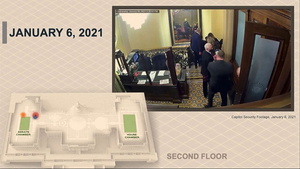 PHOTO: House impeachment manager Del. Stacey Plaskett presented this exhibit slide showing Vice President Mike Pence being evacuated during the riot Jan. 6.