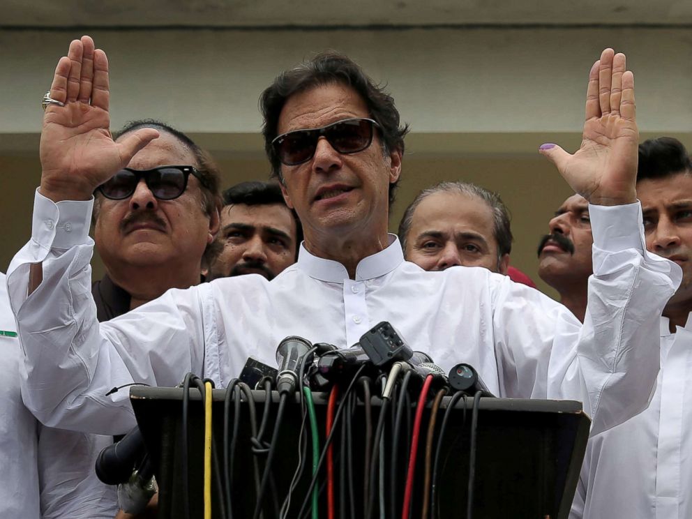 PHOTO: Imran Khan, chairman of Pakistan Tehreek-e-Insaf (PTI), speaks after voting in the general election in Islamabad, July 25, 2018.