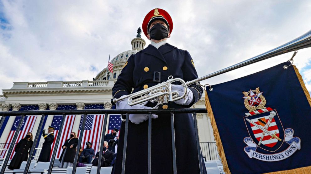 PHOTO: A member of the U.S. Army Band "Pershing's Own" looks on ahead of the inauguration of President-elect Joe Biden on the West Front of the U.S. Capitol on Jan/ 20, 2021, in Washington.