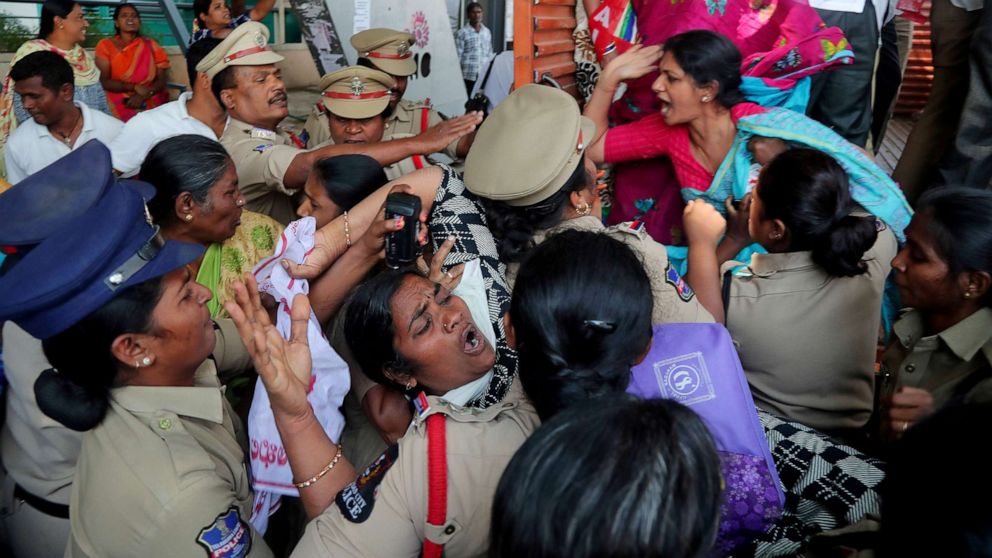 PHOTO: Indian police detain members of Centre of Indian Trade Unions protesting against India visit of President Donald Trump, in Hyderabad, India, Feb. 24, 2020.