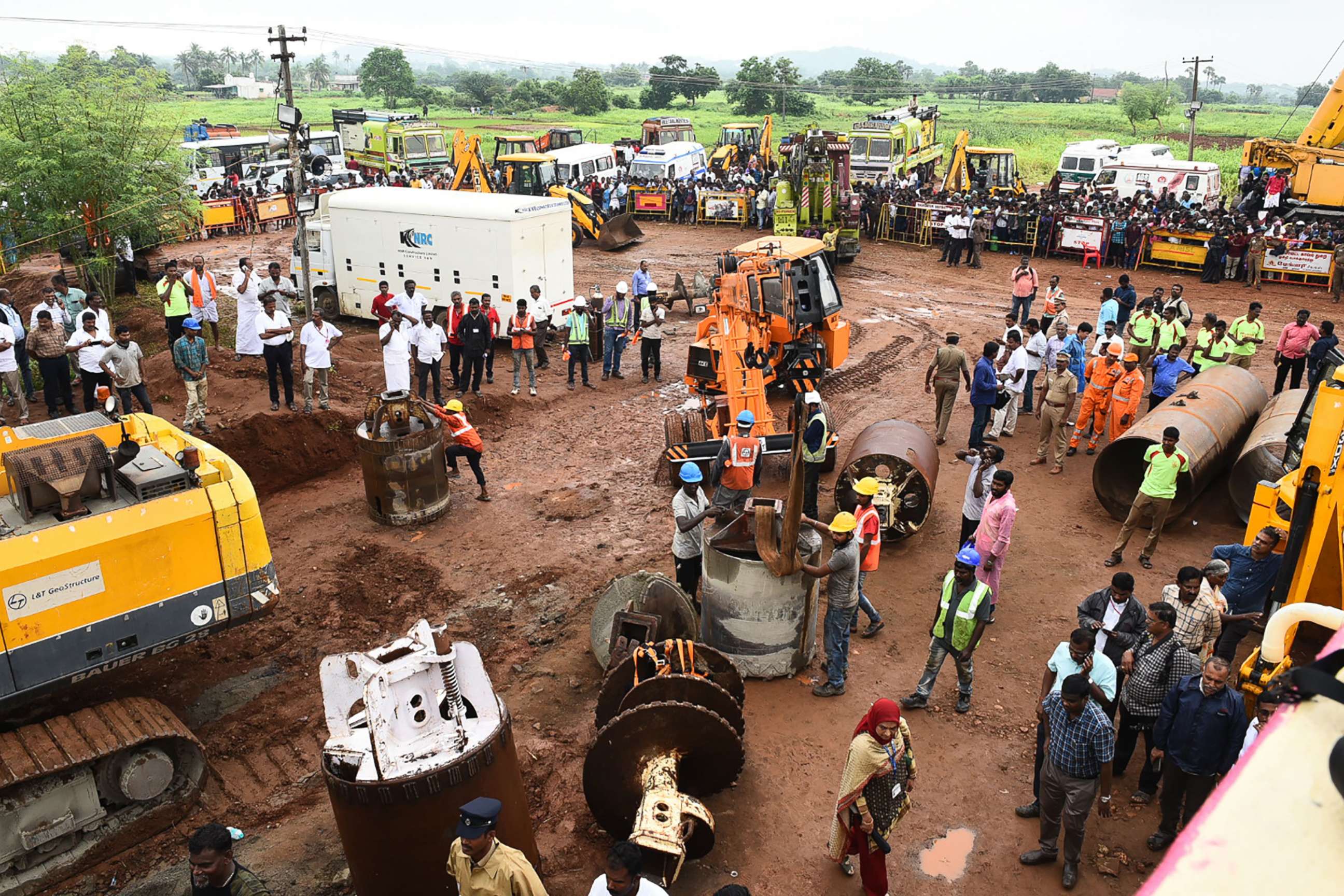PHOTO: Rescue workers work with heavy digging equipment during an operation to rescue a toddler stuck in a deep well near Manapparai town in India's southern Tamil Nadu state, Oct. 28, 2019.